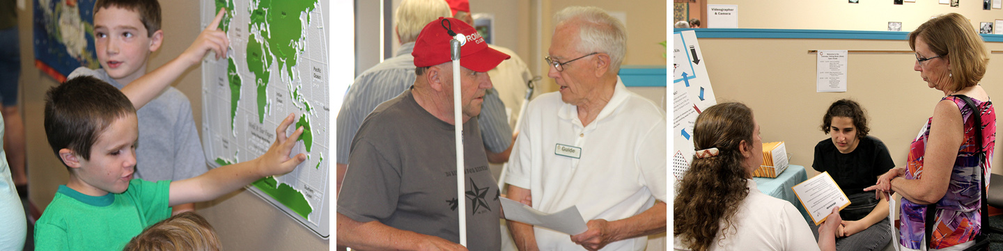 3 images, image on the left shows a child with visual impairment feeling a tactile map, middle image shows a volunteer giving a tour of CTBL to a man with visual impairment during our open house and the image on the right shows volunteers repairing a discussing our services during the open house