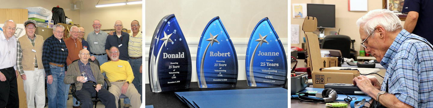 3 images, image on the left is one of the volunteer groups that repair digital players, middle image shows several volunteer awards given at the 2016 volunteer brunch and the image on the right shows a volunteer repairing a digital player